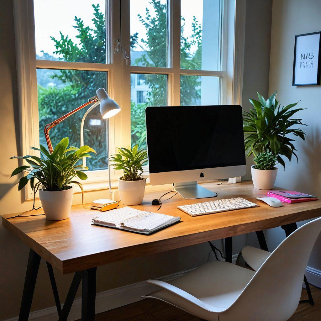 A serene workspace featuring a modern desk with an elegant laptop displaying vibrant, user-friendly digital tools. Surround the desk with lush green plants, colorful stationery, and a glowing light bulb symbolizing innovation. Use soft natural light coming through a window to create an inviting atmosphere that enhances focus and creativity. super-realistic. vibrant colors. soft lighting.