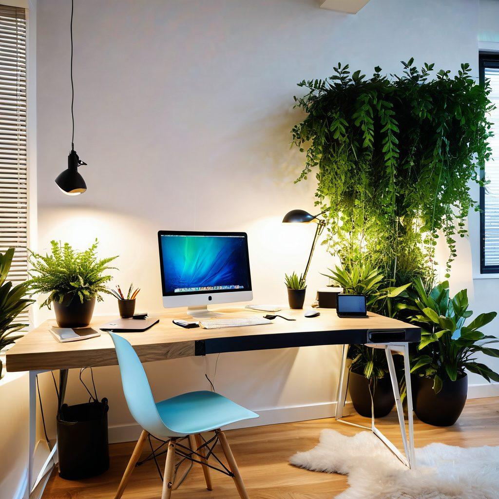 A modern office workspace featuring an elegant desk with a sleek laptop, surrounded by futuristic gadgets and colorful tech tools. Include vibrant greenery to symbolize growth and efficiency, with soft lighting casting a warm glow. The atmosphere should evoke inspiration and creativity. super-realistic. vibrant colors. white background.