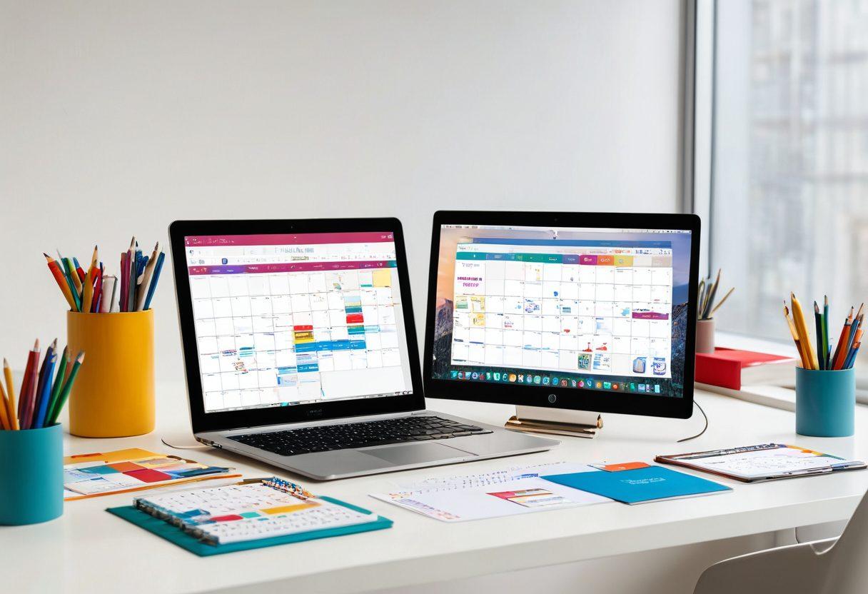 A dynamic workspace showcasing a sleek laptop surrounded by vibrant digital tools like colorful project management apps, elegant note-taking software on a tablet, and an eye-catching calendar on a smartphone, all emitting a soft glow. The scene is filled with graphic icons representing productivity and creativity in motion, creating an atmosphere of inspiration. modern art. vibrant colors. white background.